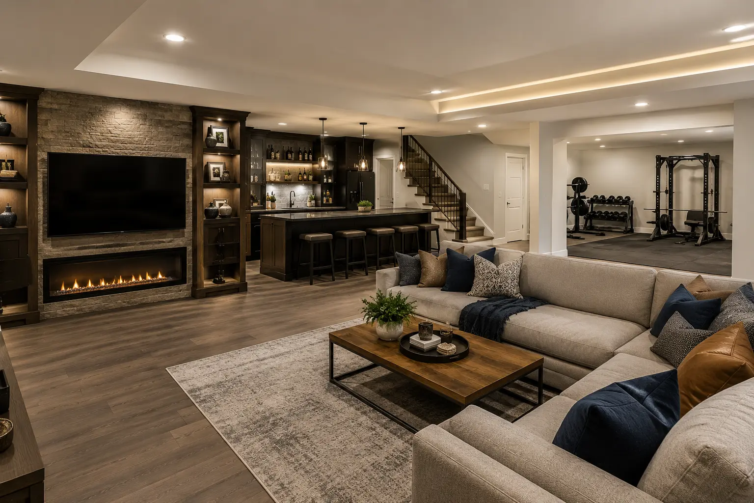 Basement finishing Lakewood CO modern finished basement living space