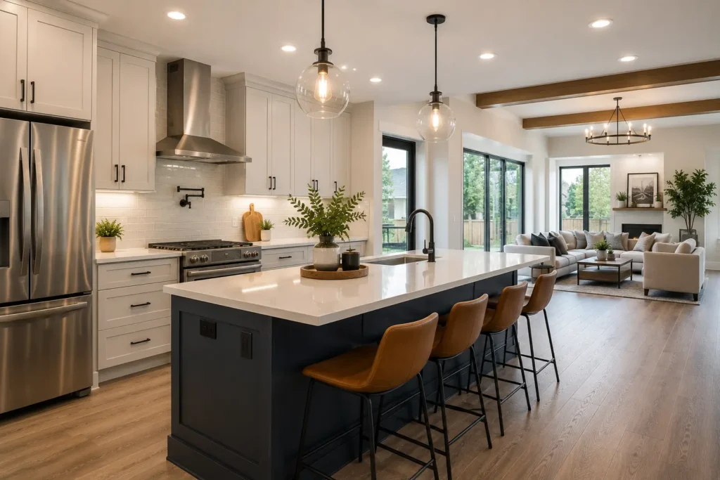 Modern kitchen renovation in Lakewood Colorado with white cabinets and large island
